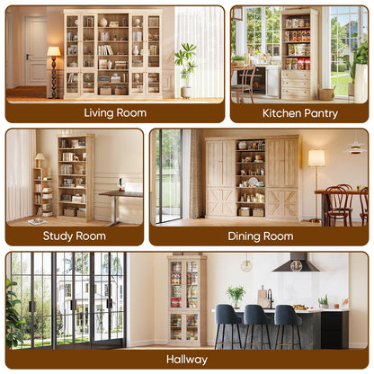 Vyre 70.8" Tall Brown Bookshelf with Glass Doors, Farmhouse Modular Bookcase with 6-Tier Adjustable Shelves, Large Storage Cabinet for Living Room and Home Office
