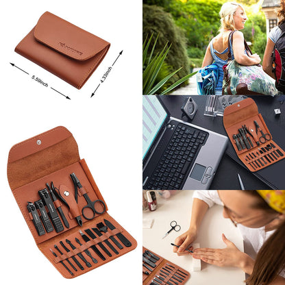 FAMILIFE Manicure Set, Nail Professional Kit Manicure Kits Nail Clipper Sets, 13PCS Stainless Steel Pedicure Sets Mens Grooming Tool, with Brown Leather Travel Case for Men