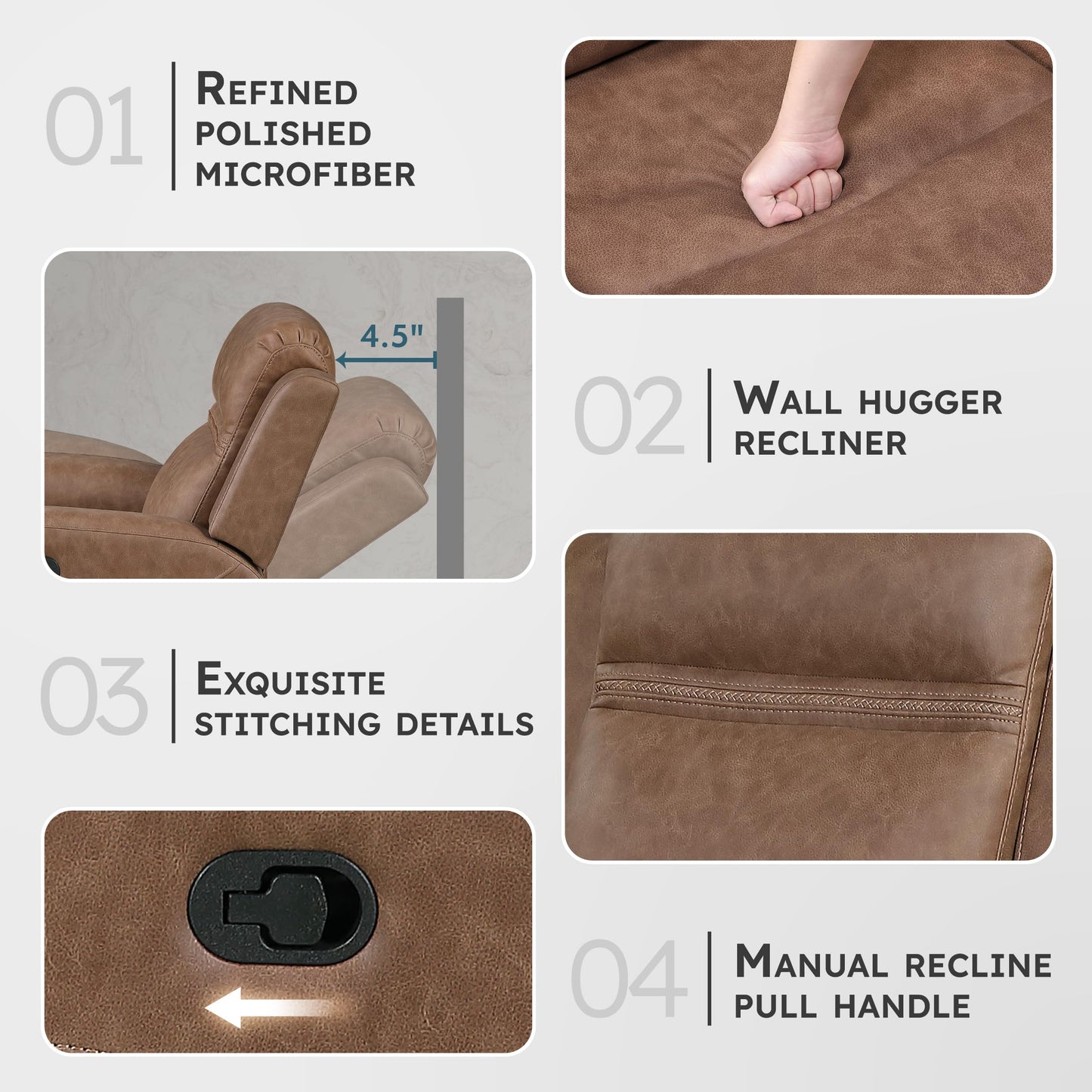 Lexicon 85" W Manual Double Reclining Sofa - Polished Microfiber Wall Hugger Manual 3 Seater Recliner Couch, Comfort Armrests, for Living Room, Home Theater, Easy Assembly, Brown