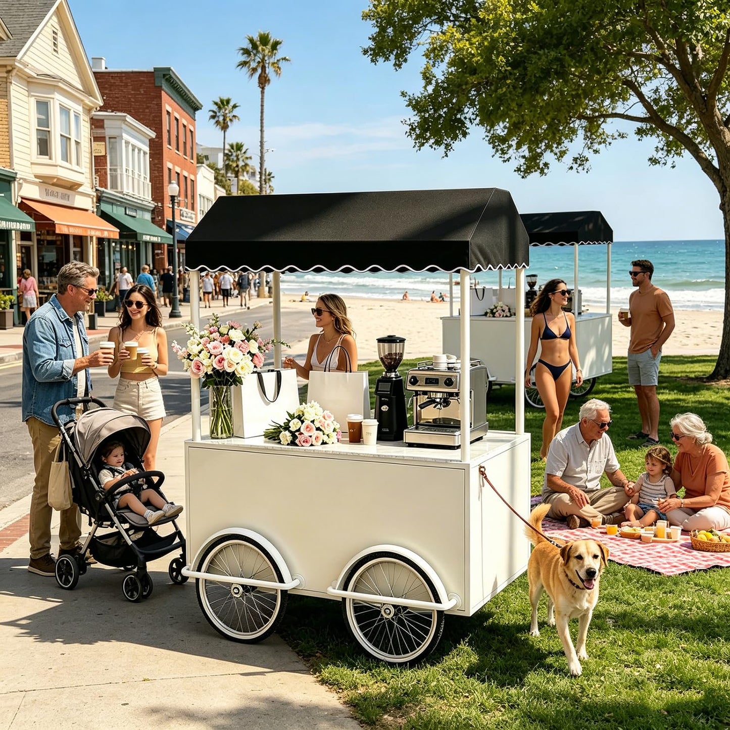 FUNEWBO Beverage & Coffee Service Cart with Scalloped Awning,Wheeled Display Trolley,Mobile Serving Station for Events,Cafes & Small Business(63 * 27.5 * 78.7in, White)