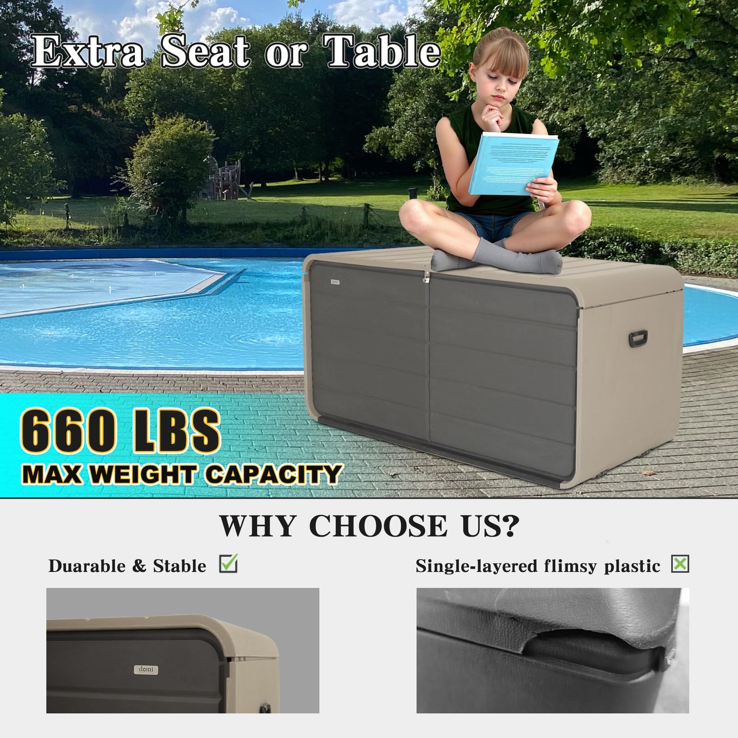 Domi 260 Gallon Resin Deck Box, Waterproof & UV-Resistant Outdoor Large Storage Box Lockable Storage Bin for Patio Cushions Pool Supplies Garden Tools and Delivery Storage