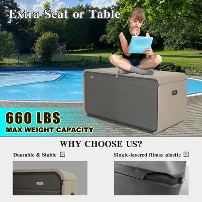 Domi 260 Gallon Resin Deck Box, Waterproof & UV-Resistant Outdoor Large Storage Box Lockable Storage Bin for Patio Cushions Pool Supplies Garden Tools and Delivery Storage