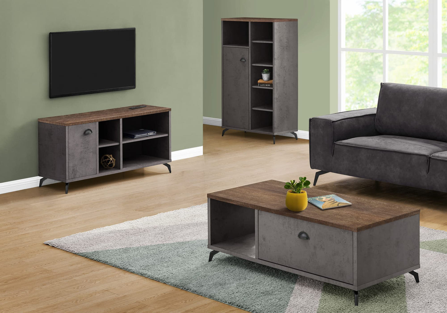 Monarch Specialties I 2830 Tv Stand, 48 Inch, Console, Media Entertainment Center, Storage Cabinet, Living Room, Bedroom, Laminate, Metal, Grey, Brown