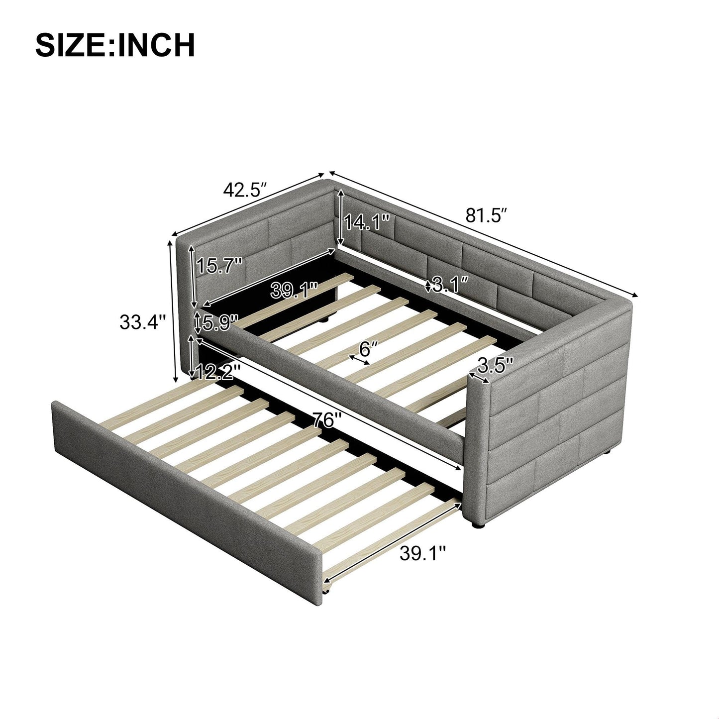 GDFStudio Twin Upholstered Daybed with Trundle, Fabric Daybed Frame with Padded Back and Sides, Pull-Out Sofa Bed for Living Room Bedroom Guest Room, Gray