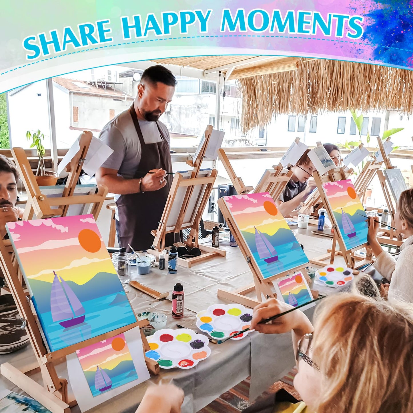 Cholemy 8 Set Paint and Sip Kit for Adults 8'' x 10'' Pre Drawn Canvas with Wooden Easels Acrylic Paint Brushes Wash Cup Palette Apron for Painting DIY Date Night Party Supplies(Landscape)