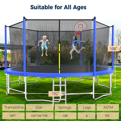 Tatub Upgrade 16FT Trampoline for Kids and Adults, Outdoor Recreational Trampolines with Basketball Hoop & Enclosure Net, Blue