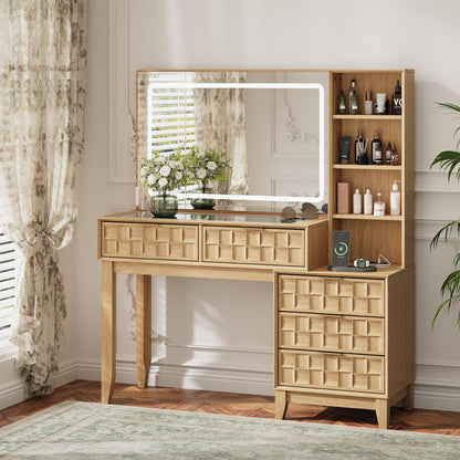 MALOL 50" Checkerboard Vanity Desk, Large Glass Top Dressing Table with 5 Drawers & 4 Storage Shelves, Wooden Makeup Vanity with Built-in Power Strip with USB & Type-C, Natural Wood