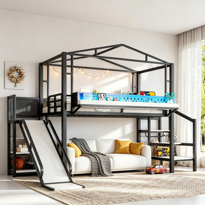 Bellemave Twin Size Metal House Loft Bed with Slide and Stairs,Heavy Duty Playhouse Loft Bed Frame with Shelves,LED Lights and Charging Station for Kids,Teens,Adults,Black
