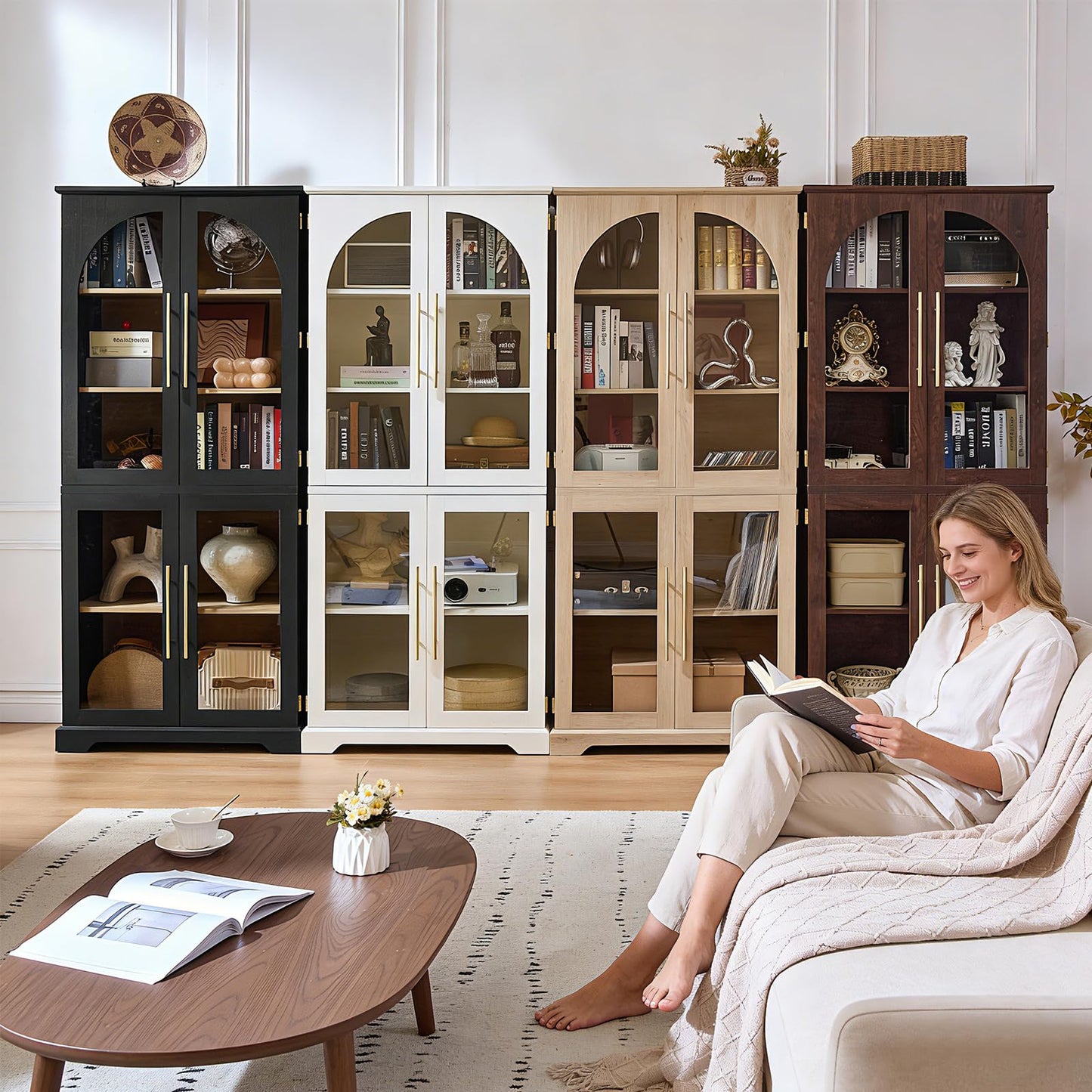 Joaxswe 72" Tall Bookshelf with 4 Curved Glass Doors, Farmhouse Bookcase with 3-Tier Adjustable Shelves, Modern Living Room Display Cabinet, Large Storage Cabinet for Home Office,Dining Room, White