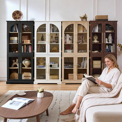 Joaxswe 72" Tall Bookshelf with 4 Curved Glass Doors, Farmhouse Bookcase with 3-Tier Adjustable Shelves, Modern Living Room Display Cabinet, Large Storage Cabinet for Home Office,Dining Room, White