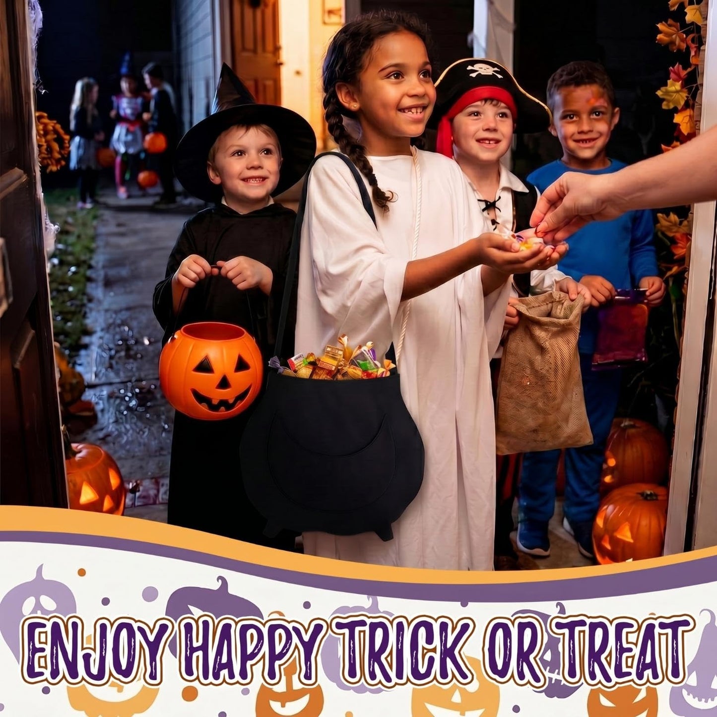 HunnmingRe Halloween Trick or Treat Tote Bag Cotton Reusable Cauldron Candy Bag Bolsitas Para Dulces De Cute Cauldron Bucket and Basket for Trick or Treat Gift Halloween Party Favor