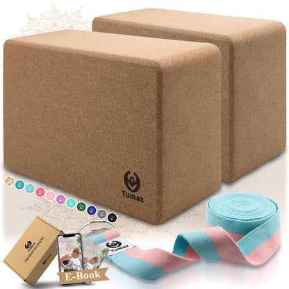 Tumaz Non-Slip Yoga Blocks 2-Pack - High Density/Lightweight EVA Foam & Natural Cork for Stability, Premium Set with E-Book Included