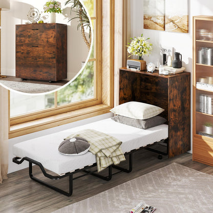 Giantex Murphy Bed Cabinet with Mattress - 74" x 31" Cot Size Folding Bed w/Storage, Metal Frame & Lockable Rolling Wheels, Space-Saving Roll Away Beds with Mattresses for Adults Guests (Rustic Brown)