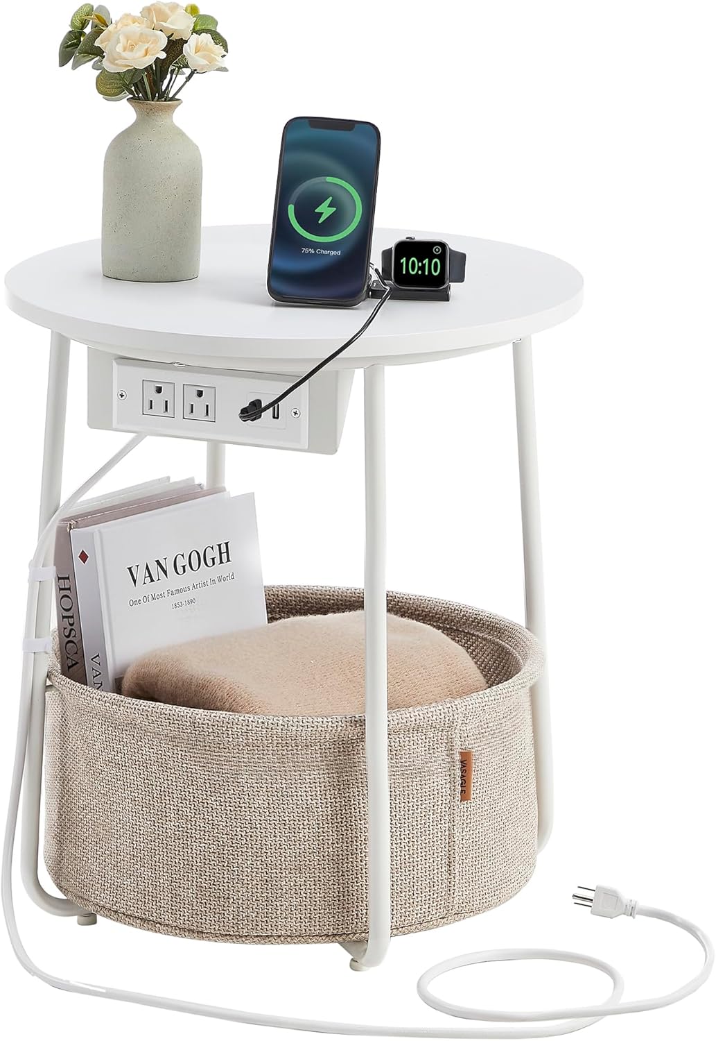 ULET228W01 VASAGLE LILEA Collection - Side Table with Charging Station, Round End Table with Fabric Basket, Nightstand