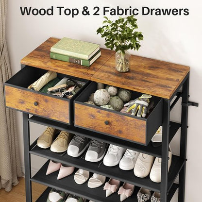 Kitstorack Shoe Rack - 4-Tier Organizer for 9-12 Pairs with 2 Drawers & Rustic Brown Wooden Top