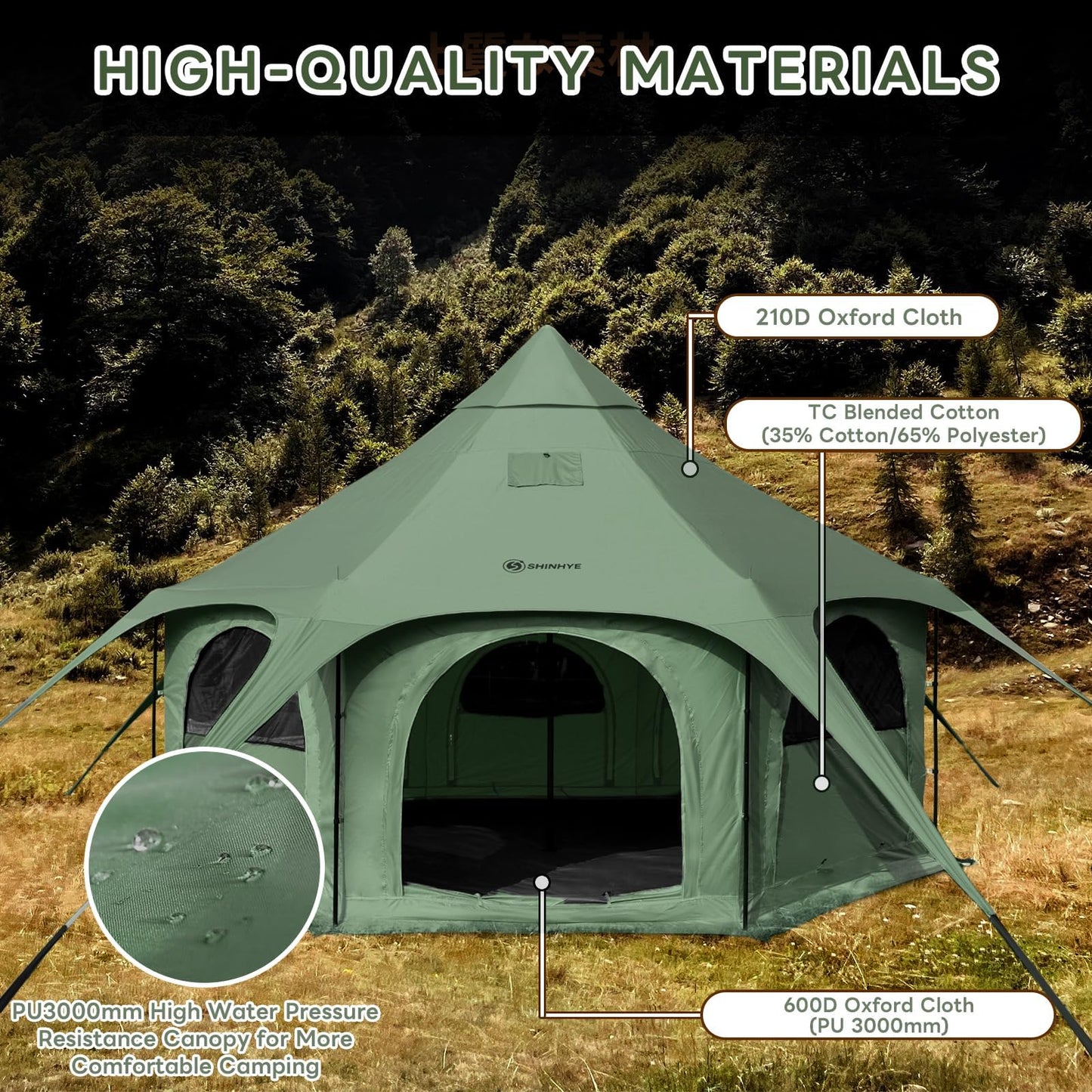 ShinHye 16.4ft Bell Tent for Glamping & Camping – Waterproof Canvas with Stove Jack, Removable Floor & 8 Mesh Windows (Fits 6-8 People)