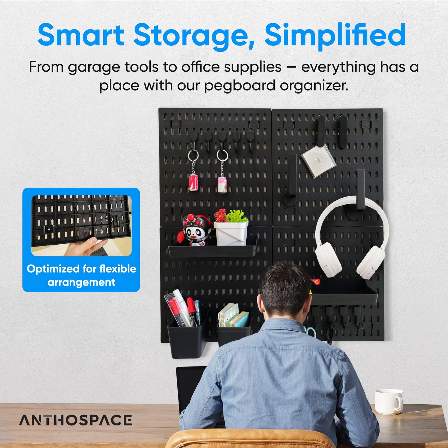 ANTHOSPACE Black Pegboard Organizer Set with Hooks & Storage Boxes, Desk or Wall Peg Board Panels for Tools, Crafts, and Office Supplies – 4 Boards (30×30 cm Each)