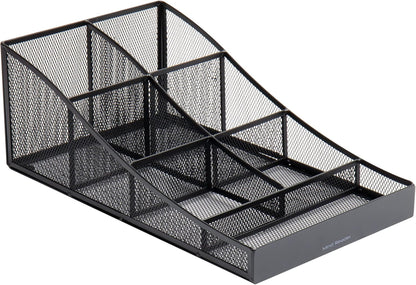 Mind Reader Black Cup and Condiment Station, Countertop Organizer for Coffee Bar, Metal Mesh 8.5"L x 14.5"W x 5.25"H