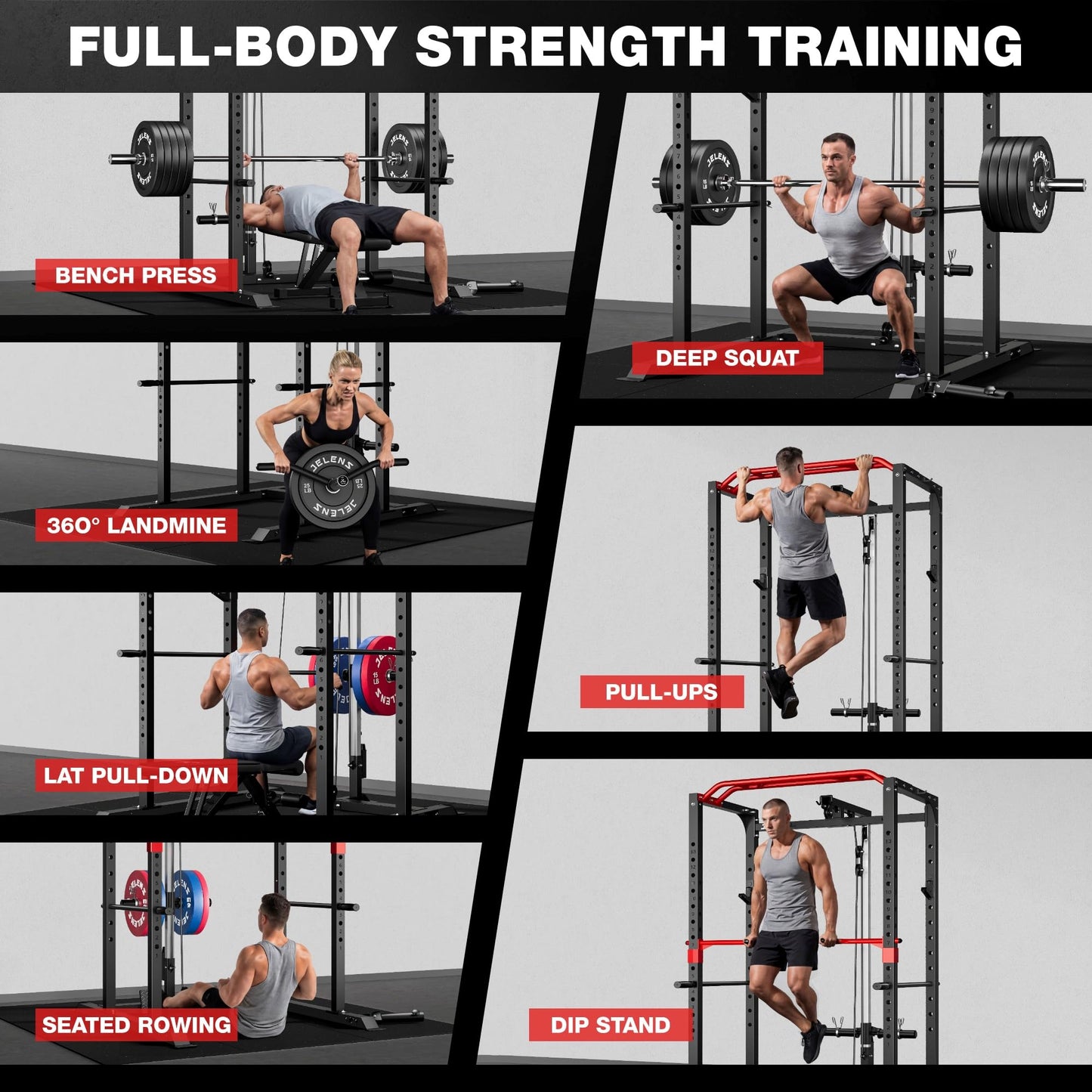 JELENS Power Cage, 2000LBS Multi-Function S11 Power Rack with LAT Pulldown, Squat Rack with Adjustable Pulley System and More Training Attachments, Weight Workout (Home Gym Package)
