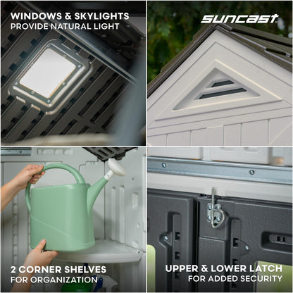 Suncast 8x7 Ft. Outdoor Storage Shed - Large Resin Shed with Floor, Lockable Double Doors, & Skylights. 378 Cu Ft Tremont Garden Sheds & Outdoor Storage for Lawn Tools, Riding Mowers, Bikes, & More