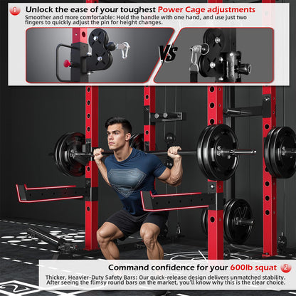 Power Rack with LAT Pulldown & Dual Pulley, 2000lbs Squat Rack for Home Gym, All-in-One Strength Training Cage with Cable Crossover, Bench Press & Pulley Workout System for Garage