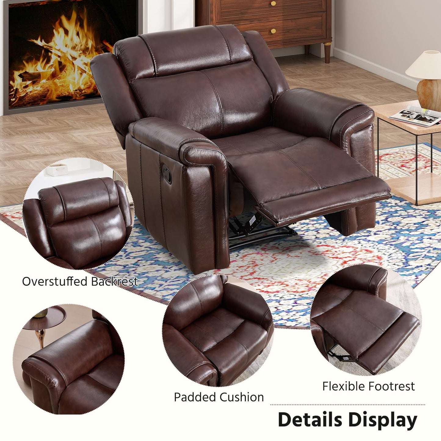 ANJ Premium Genuine Leather Manual Recliner Chair for Adults, Overstuffed Recliners with Padded Backrest, Single Heavy Duty Reclining Sofa for Living Room Bedroom, Rust Brown