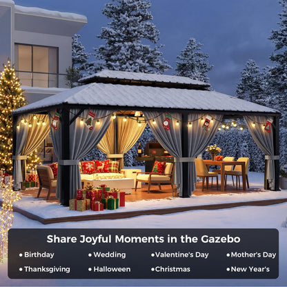 IRONCK 20'x12' Hardtop Gazebo, Update Aluminum Frame Gazebo with Galvanized Steel Double Roof, Outdoor Pergola with Curtain and Net, Backyard Canopy for Garden, Deck, Gray and Black