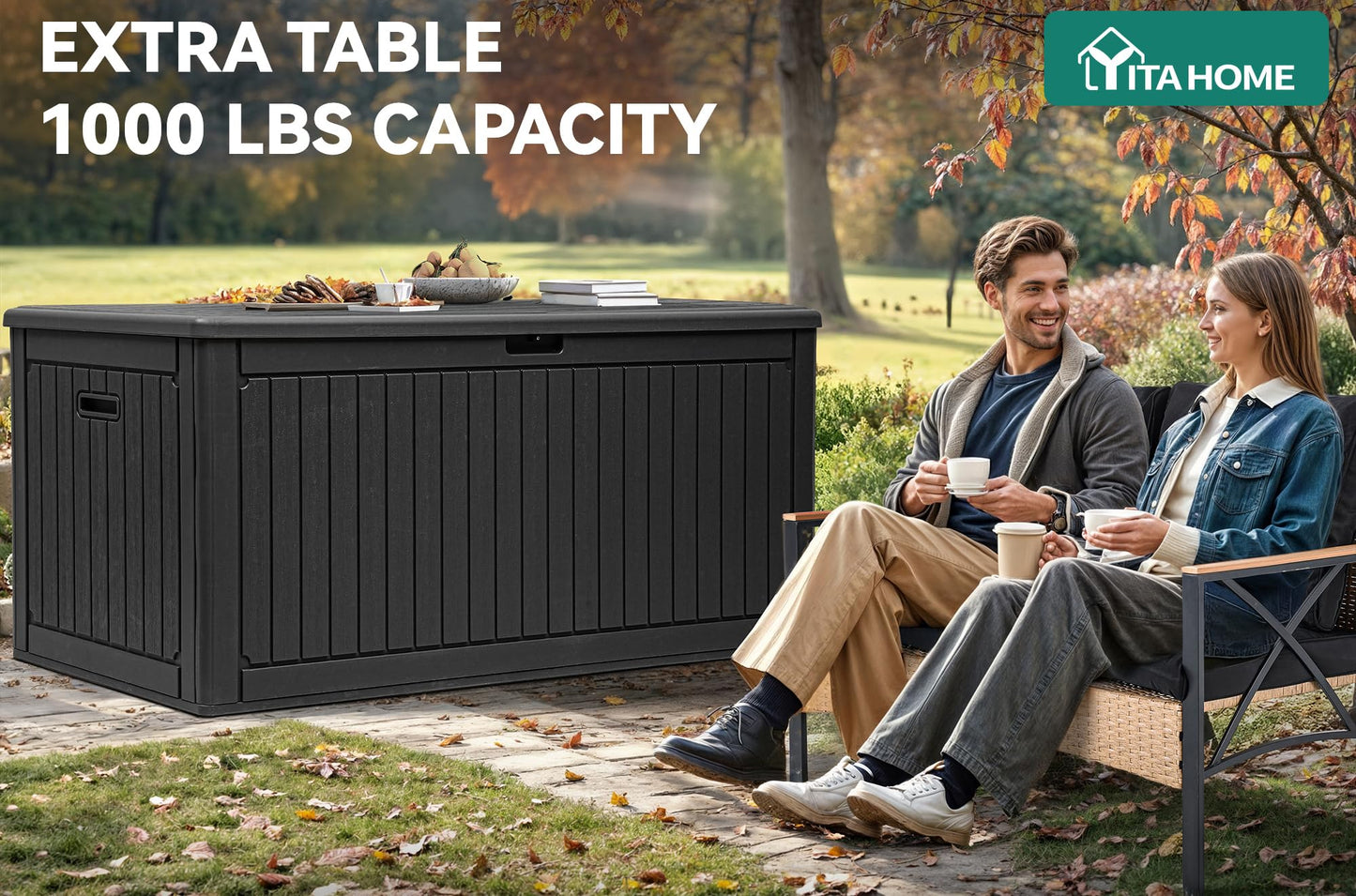 YITAHOME 320 Gallon Double-Wall Deck Box with Divider & Side Handles, Outdoor Large Storage for Patio Furniture Cushions, Garden Pool Accessories, Water Resistant & Lockable