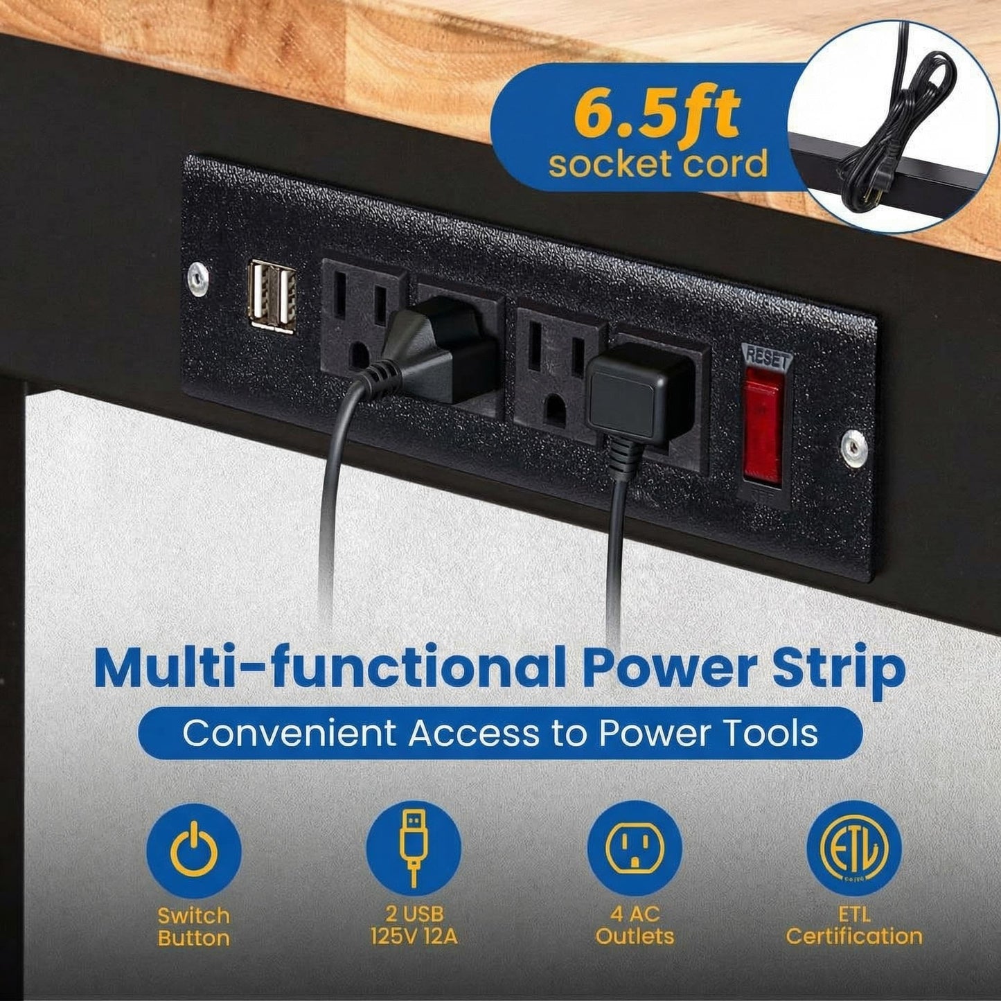 70-Inch Height Adjustable Workbench with Power Outlets, Solid Rubber Wood Top Heavy Duty Garage Tool Table, Workstation with Pegboard, Hooks and Ruler