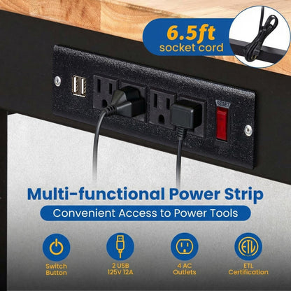 70-Inch Height Adjustable Workbench with Power Outlets, Solid Rubber Wood Top Heavy Duty Garage Tool Table, Workstation with Pegboard, Hooks and Ruler