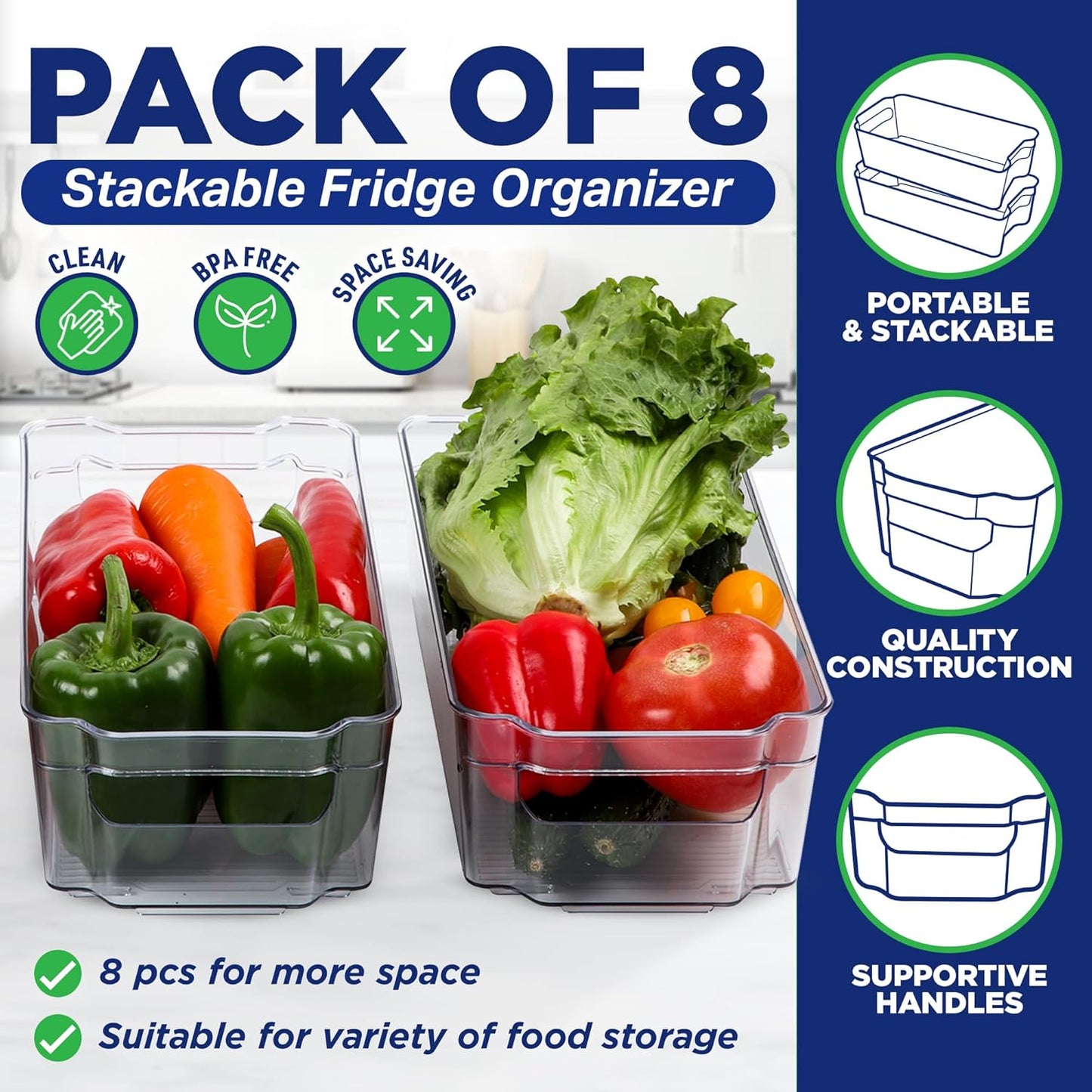 Multi-Purpose Refrigerator Bins - 8 Pieces Stackable Design Fridge Bin Organizer with Easy Grip Handles, Clear