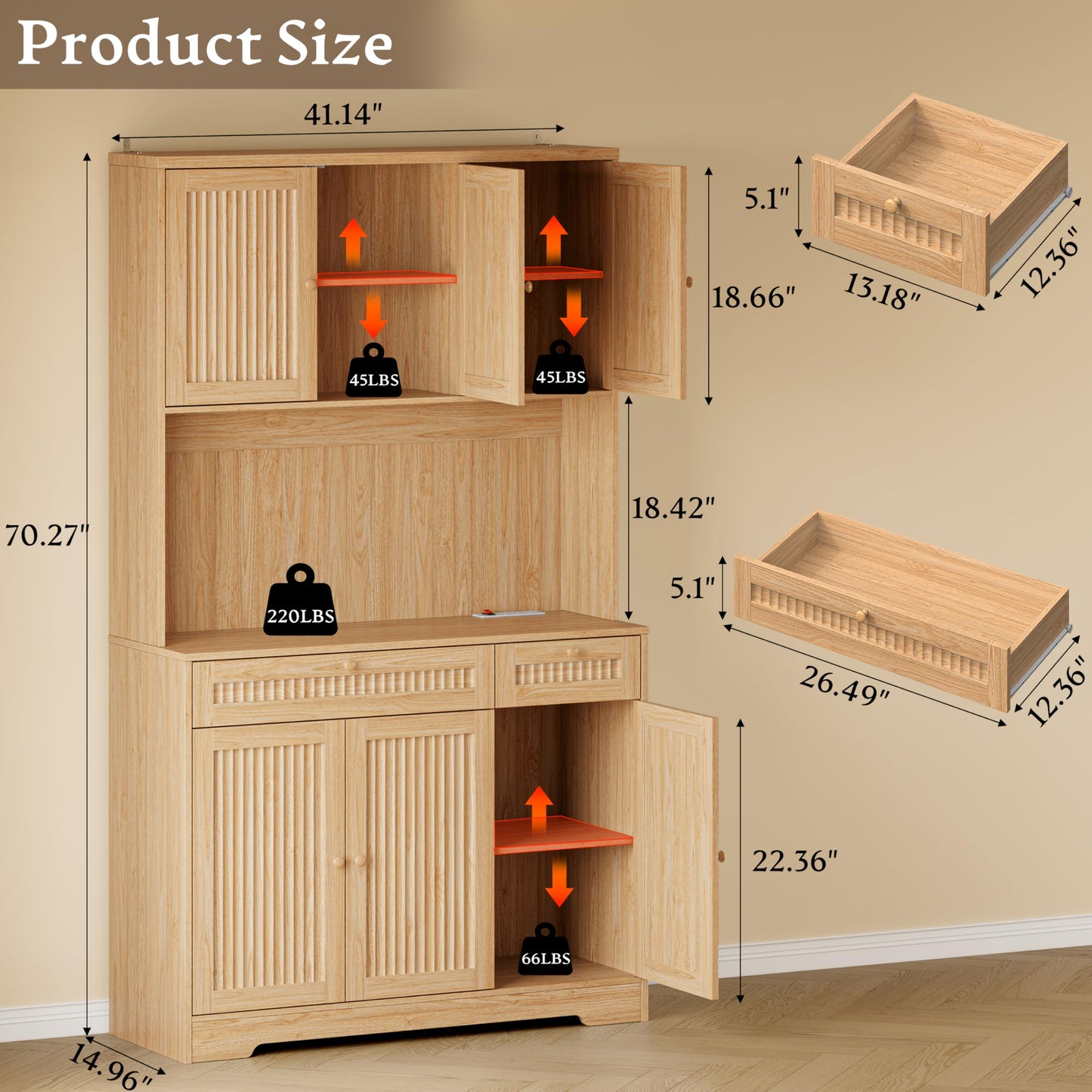 BORNOON Pantry Cabinet with Charging Station and Light, Tall Kitchen Pantry Storage Cabinet with Microwave Stand, Wide Fluted Kitchen Hutch with Storage Drawers and Adjustable Shelves for Dining Room