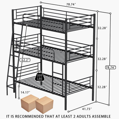 KEIKI Triple Bunk Bed Twin Size,Convertible Metal 3 Tier Bunkbeds with Built-in Ladder,Safety Guardrails,Detachable to 3 Single Beds,for Teens,Adults Bedroom,Dorm,Guest Room,No Box Spring Needed,Black
