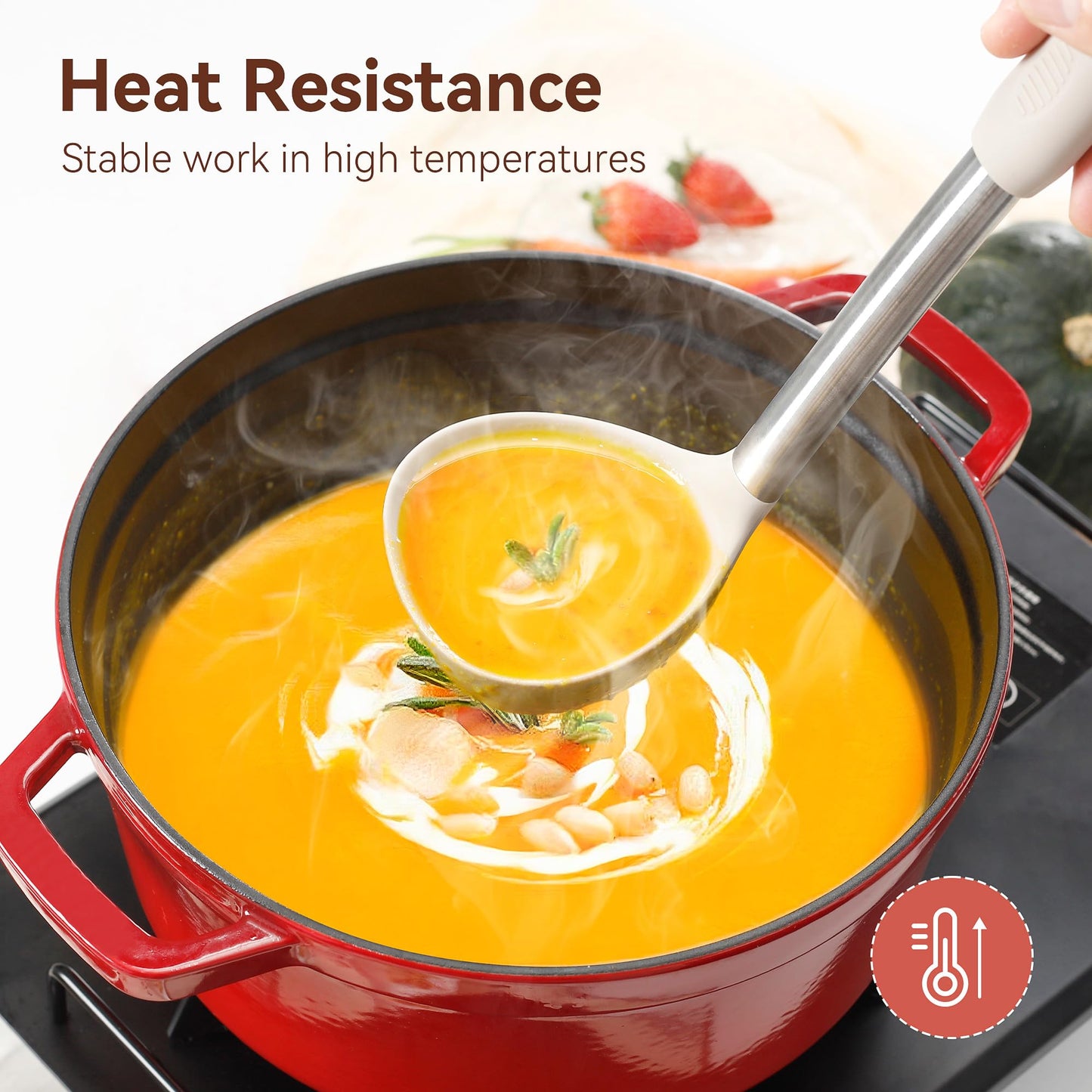 Silicone Cooking Utensils Set, NCUE 35 Pcs Kitchen Utensils Set with Holder, with Stainless Steel Handle Spatula Set, Spoons, Pasta Server, Cheese Grater, Masher, Scissors, Dishwasher Safe (Khaki)