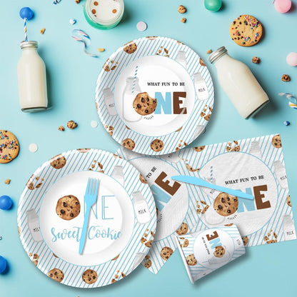 HIPVVILD Milk and Cookies 1st Birthday Decorations Tableware - One Sweet Cookie Birthday Party Supplies, Milk Theme Paper Plates and Napkins Set, Disposable Cutlery | Serves 24