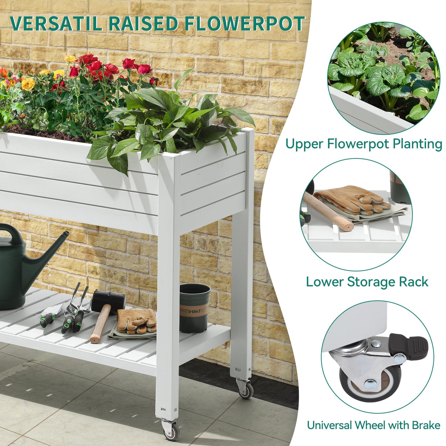 YITAHOME 43.3x17.7x34 in Elevated Garden Bed 2pcs, Outdoor Plastic Planter Box with Wheels, Legs, Drain Plug, and Storage Shelf for Plants, Vegetables, Flowers, Herbs, Grayish-White