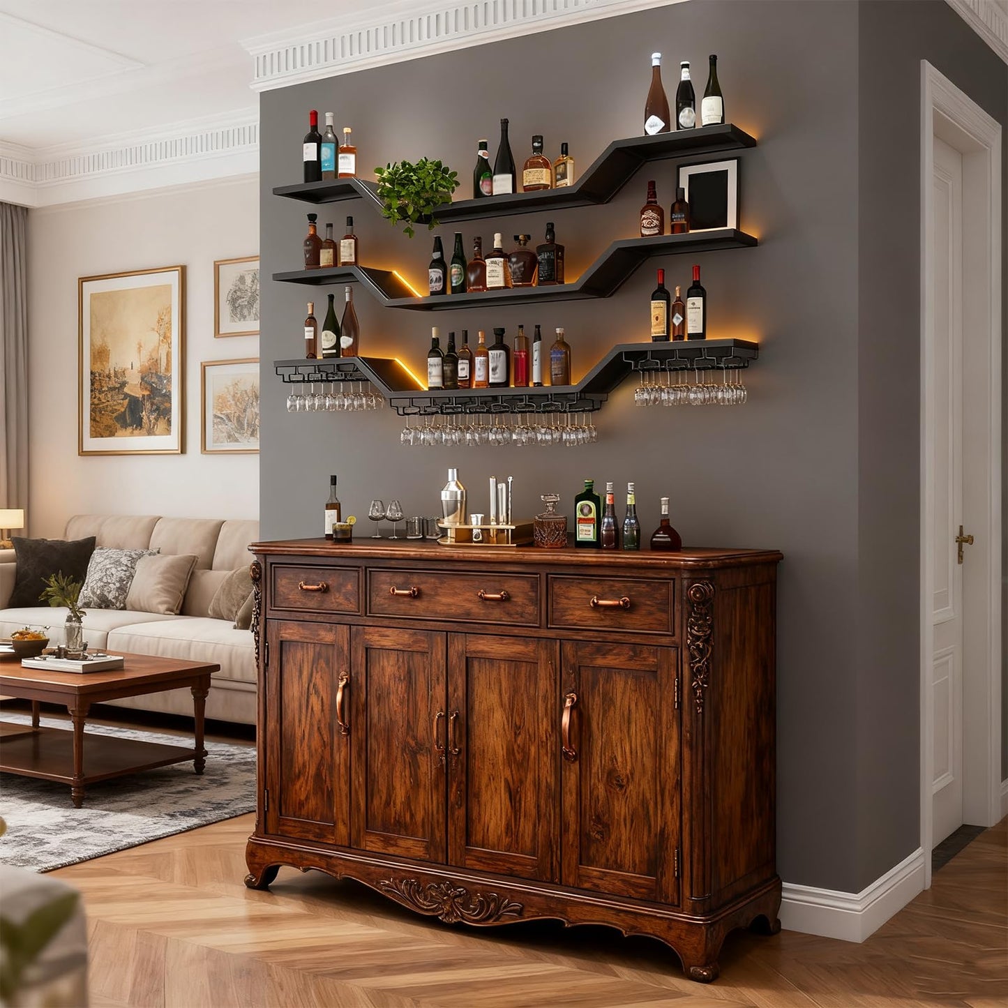 47.2in Modern LED Wine Rack Wall Mounted, 3-Tier Floating Bar Shelves with Wine Glass Rack, Large Hanging Liquor Shelf Wall Mounted, for Home Bar Dining Room Cafe Decorative (Black, 47.2in/120cm)