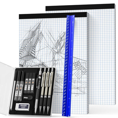 Nicpro 16PCS Drafting Tools with 12‘’ Aluminum Architectural Scale Ruler, Mechanical Pencils 0.5, 0.7, 0.9 & 2mm, Lead Refills, 2 Pack Graph Paper, Geometry Drawing Kit for Engineers Students Design