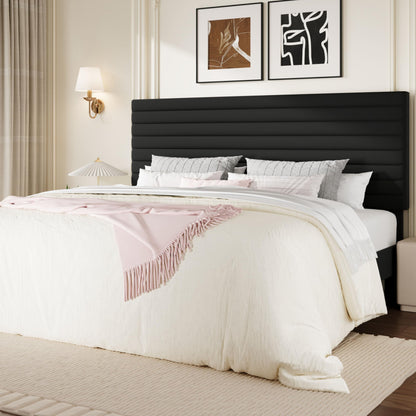 SHA CERLIN King Size Platform Bed Frame with Adjustable Headboard, Velvet Upholstered Bed with Under-Bed Storage, Modern Horizontal Channel Tufted, Wood Slats Support, No Box Spring Needed, Black