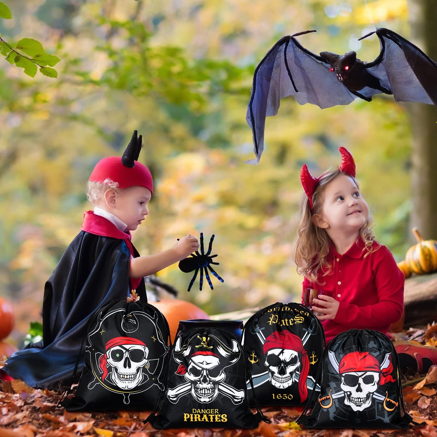 Kacctyen 24 Pcs Pirate Party Favor Goody Candy Treat Bags Halloween Pirate Captain Skull Gift Drawstring Bags for Boys Girls Adventure Themed Birthday Party Supplies Decoration(16 Pieces)