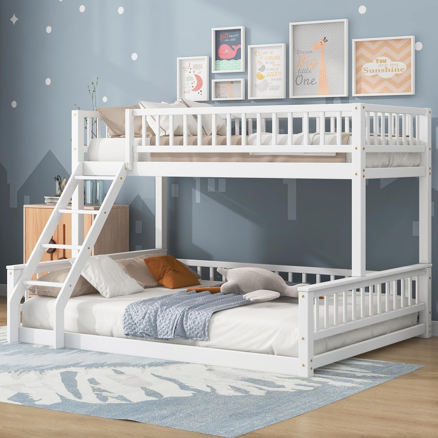 GDFStudio Twin XL Over Queen Bunk Bed with Ladder & Guardrails, Convertible Stacked or Separate Beds, Modern Space Saving Bed Frame, Bedroom Storage Solution, Solid Pine Wood Frame, White