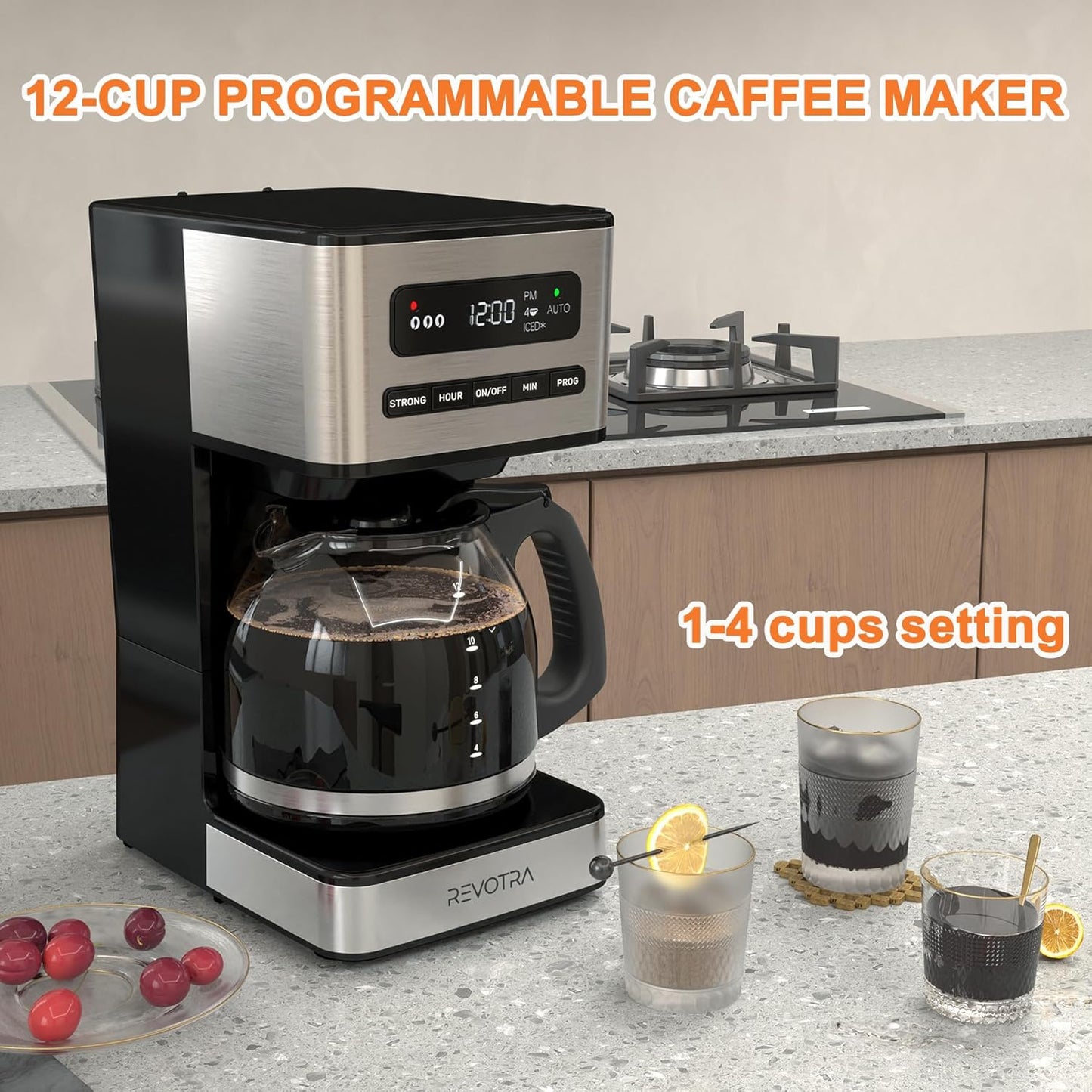 12-Cup Programmable 1-4 Setting, 24H REVOTRA Coffee Maker, Regular & Strong Brew Drip Coffee Machine, Cup and Ice