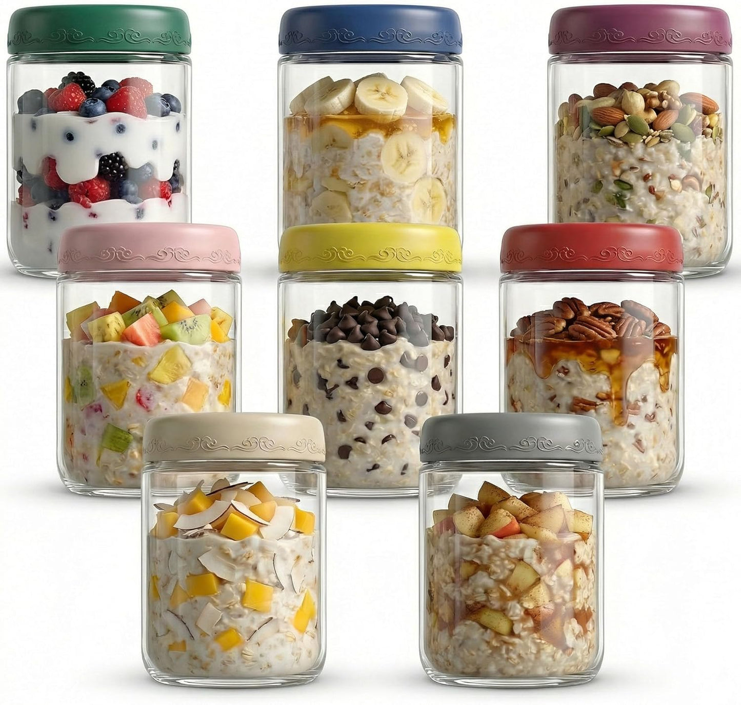 16 OZ 8 Pack, Smoothies(8 Pack) Overnight Oats Jars with Lids Glass Meal Prep Containers, Reusable Food Storage Jars