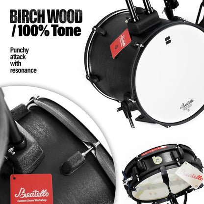 Beatello Jungle Pad Compact Portable Adult 5pc Drum Set, 1.5 inches ultra-thin steel drum Cavity,14 Inches Complete Full Size Kit with Bass Drum, Designed for the mobile musician