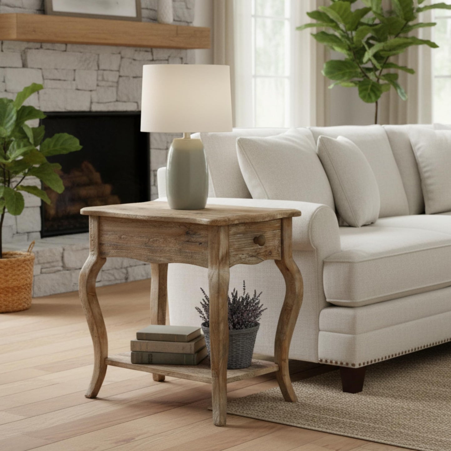 Alaterre Furniture Austerity Living Room Tables – 15 Inch Narrow Chairside Table with Drawer, Shelf, Scalloped Edges, & Curved Legs – Rustic Accent Side Table in Driftwood Finish