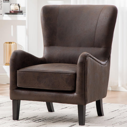 KEIKI PU High Back Accent Chair Oversized, Retro Wingback Reading Armchair with Solid Wood Legs, Mid-Century Comfy Arm Chair Lounge, Upholstered Single Sofa for Living Room, Easy Assembly, Brown