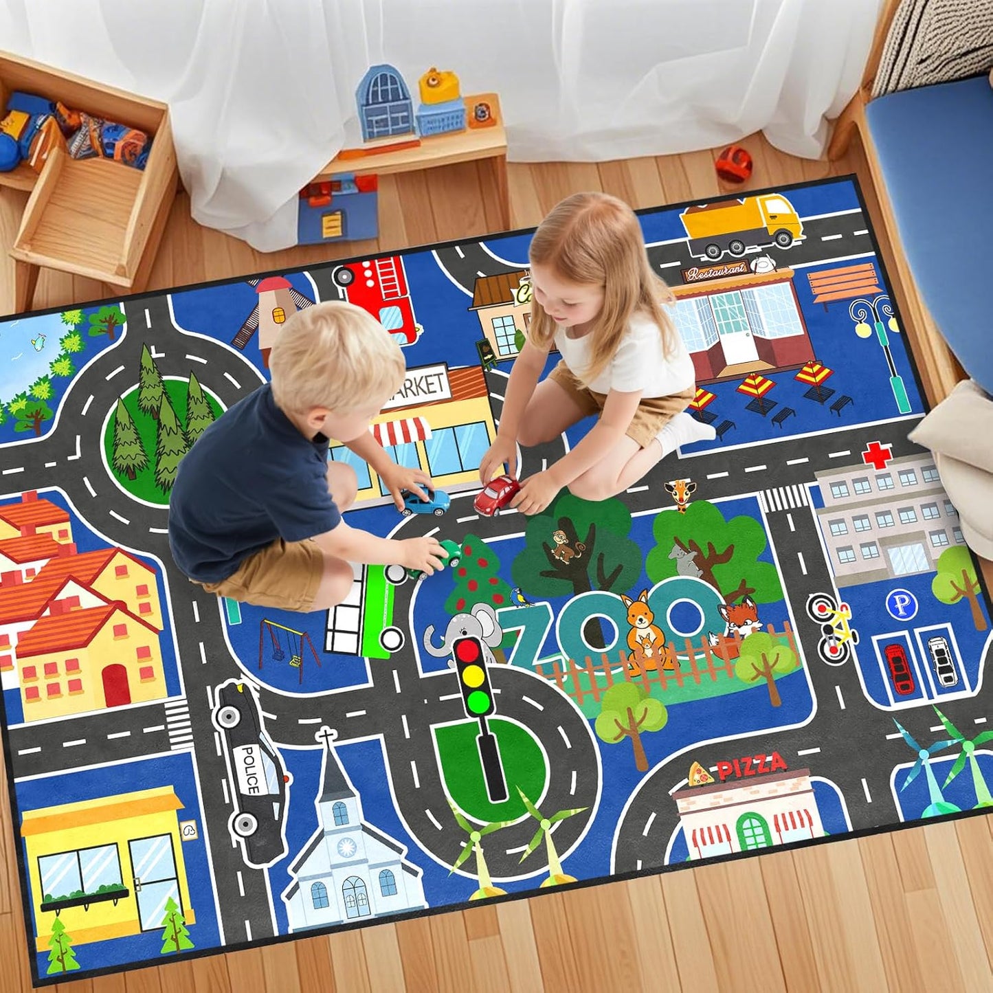 4.5x6 Road Rug for Kids - Car Rug Play Mat for Boys Room, Blue Road Carpet Playmat Fun Race Track Car Carpet for Kids