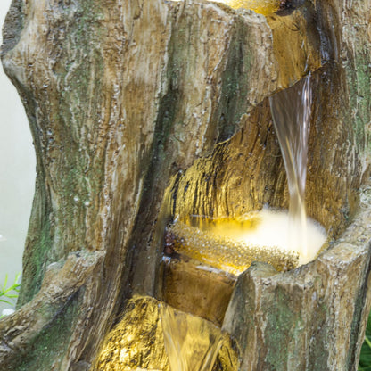 mdj pottery 39.4 Inch Tall Cascading Water Fountain Outdoor, 5-Tiered Resin Outdoor Fountain with Warm White LED Lights, Rustic Weather-Resistant Tree Trunk Waterfall for Patio Yard Garden - Grey