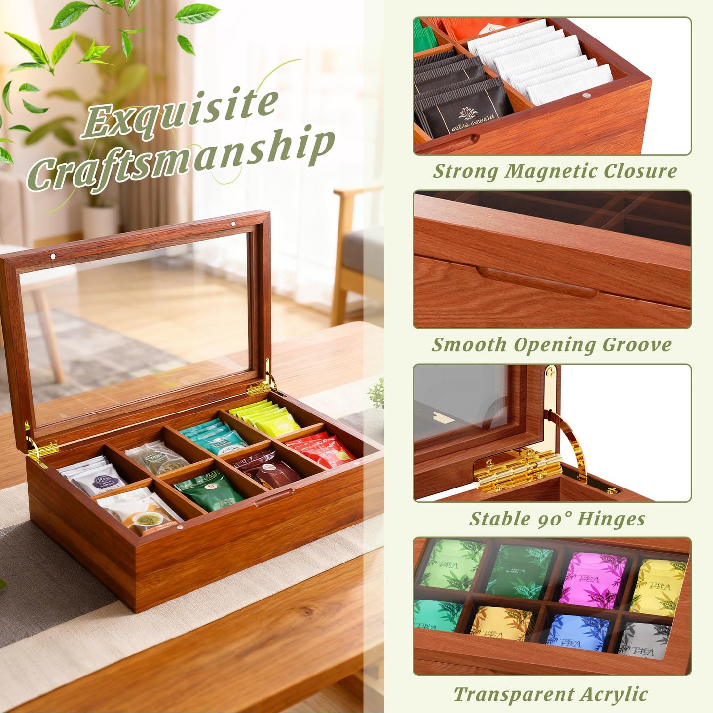 LANNEY Tea Bag Organizer - Acacia Wooden Tea Box Organizer Storage Box, Bag Holder Container with 8 Removable Compartments, Clear Window and Magnetic Lid for Coffee Sugar Countertop Kitchen Cabinet