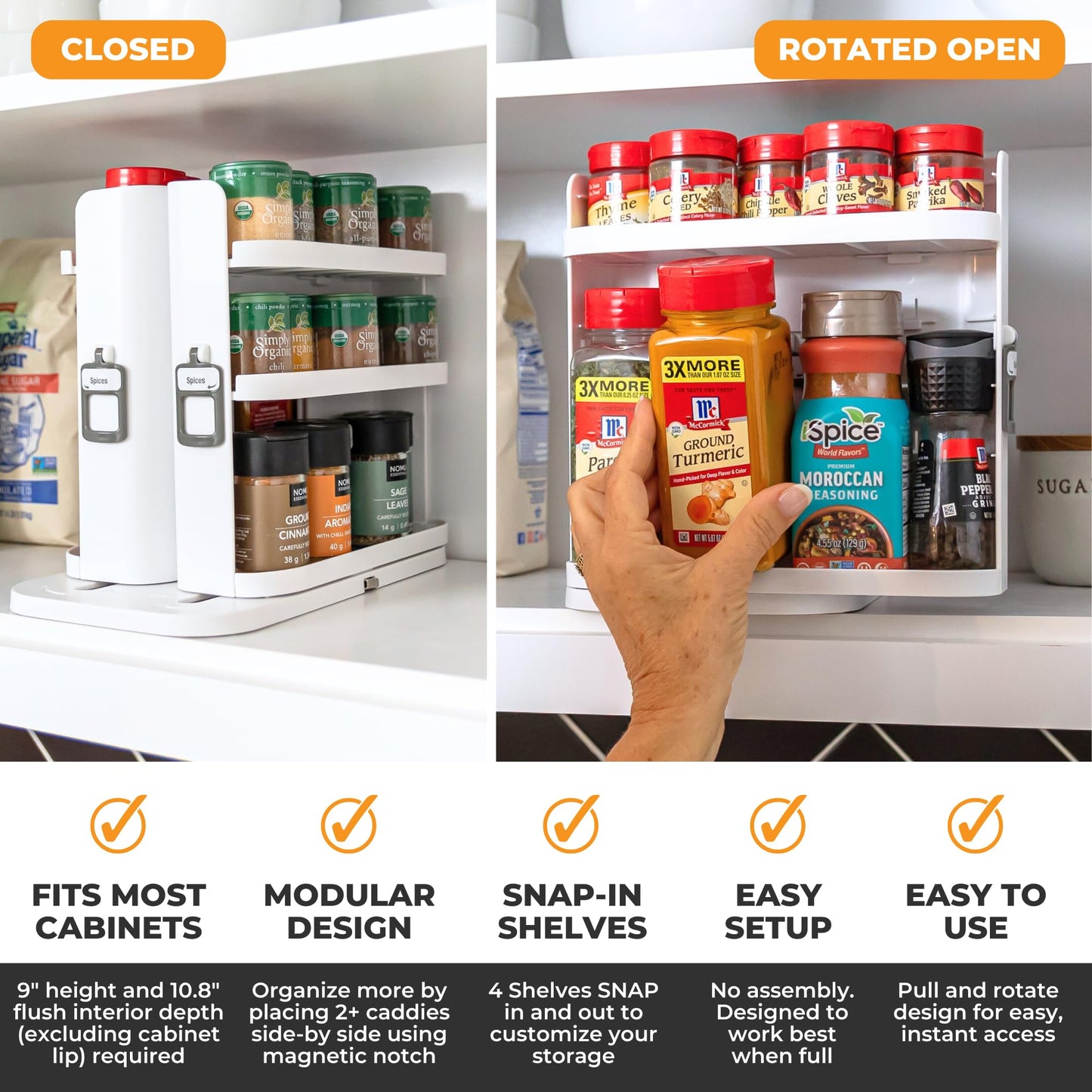 Cabinet Caddy SNAP! Spice Rack Organizer for Cabinet - Slide & Rotate Seasoning Organizer - 4 Snap-In Adjustable Shelves for 5 Tier of Storage - Magnetic Modular Design - 8.9”H x 6.1”W x 10.8”D